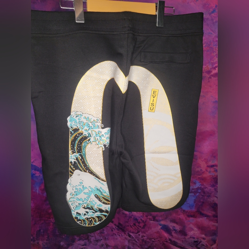 Evisu Black Shorts with Gold and Blue Wave Design
